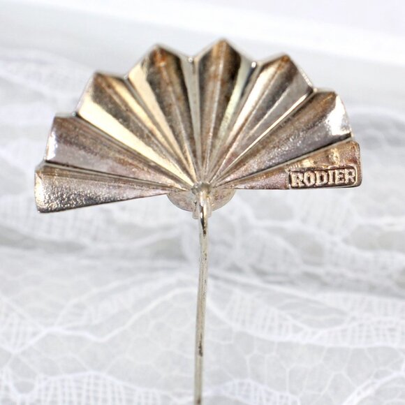 Pair of Vintage RODIER Art Deco Stick Pins, Silver Tone Fan Shape, Faux Pearl - Picture 8 of 9